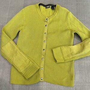 [M]Asphalt Lime Ribbed Knit Cardigan Silver Tone Snap Button-Up Elbow Patch